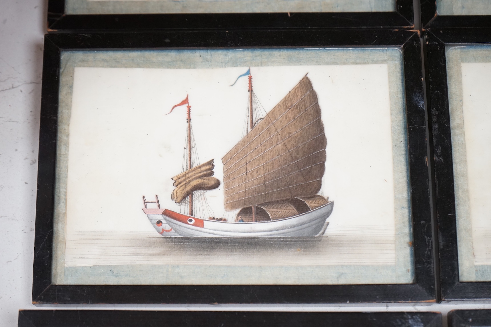 19th century, Chinese school, studies of ships and junks, set of six pith paper paintings, 10 x 16cm